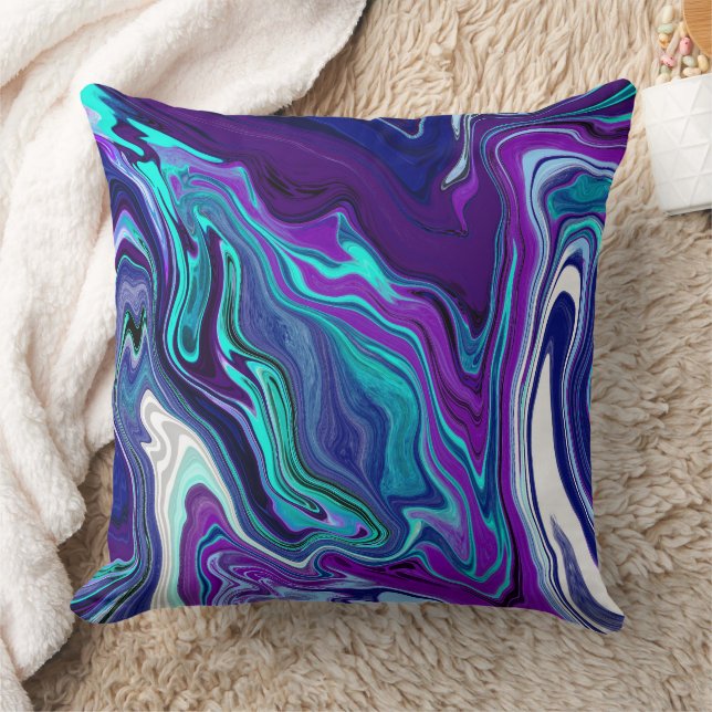 Lila und Aquamarines Abstraktes digitales Marmor Kissen (Decke)