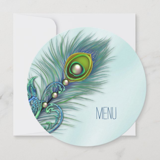 Lila und Aquamarines Blue Peacock Wedding Menu Einladung (Vorderseite)
