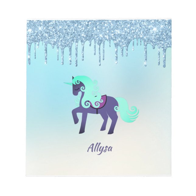 Lila und Aquamarines Einhorn mit Imitaten Glitzer  Notizblock (Vorderseite)