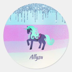 Lila und Aquamarines Einhorn mit Imitaten Glitzer Runder Aufkleber