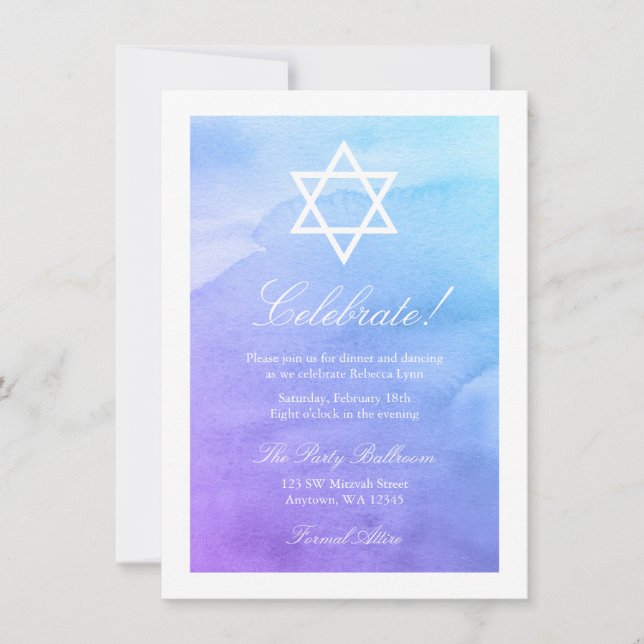 Lila und Aquamarines Wasserfarbbat Mitzvah Empfang Einladung (Vorderseite)