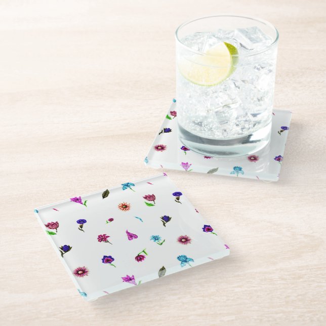 Lila und blaue Blume Print, moderne Blumendrucke Glasuntersetzer (Schrägansicht)