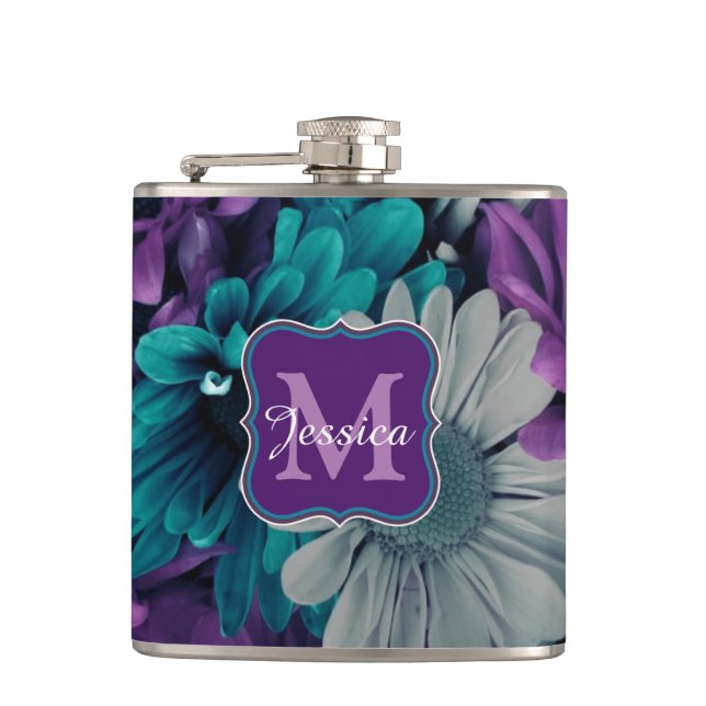 Lila und blaue Blume Schmutz Personalisiert Flachmann (Vorderseite)