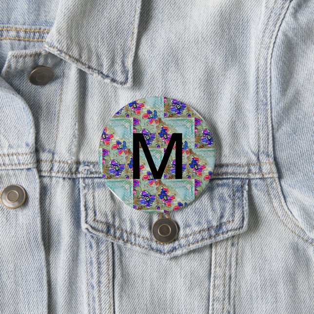 Lila und blaue Blumen Squares Zigzags Button (Beispiel)