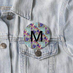 Lila und blaue Blumen Squares Zigzags Button