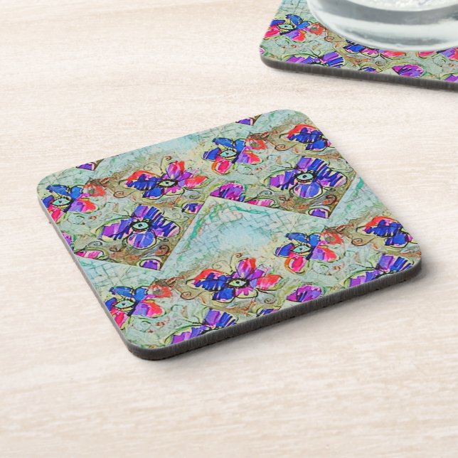 Lila und blaue Blumen Squares Zigzags Getränkeuntersetzer (Linke Seite)