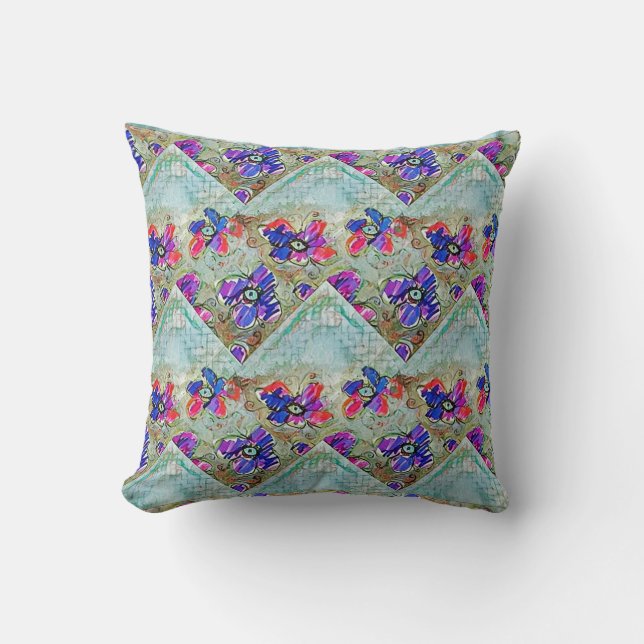 Lila und blaue Blumen Squares Zigzags Kissen (Vorderseite)