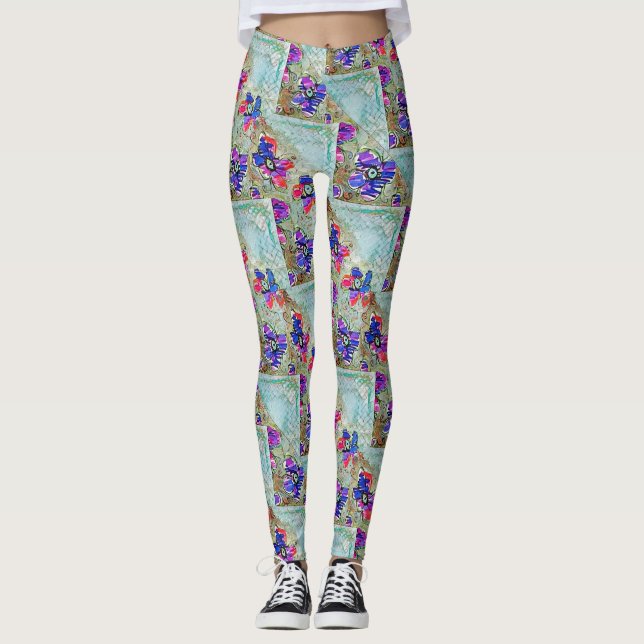 Lila und blaue Blumen Squares Zigzags Leggings (Vorderseite)