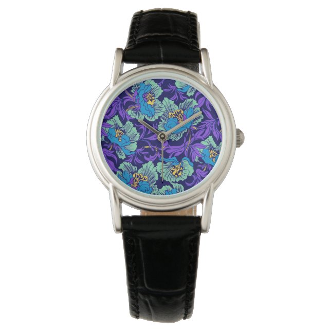 Lila und blaue Blumen William Morris Armbanduhr (Vorderseite)