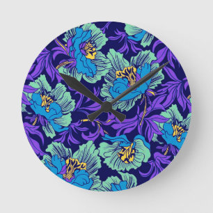 Lila und blaue Blumen William Morris Runde Wanduhr