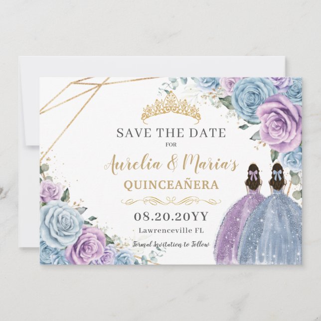 Lila und blaue Flora Twins Quinceanera Sweet 16 Save The Date (Vorderseite)