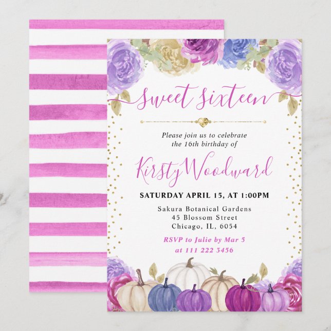 Lila und blaue Floral Pumpkins Fall Sweet 16 Einladung (Vorne/Hinten)