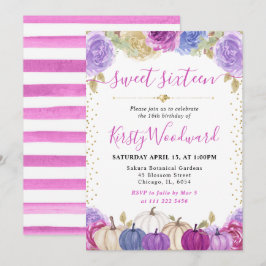 Lila und blaue Floral Pumpkins Fall Sweet 16 Einladung