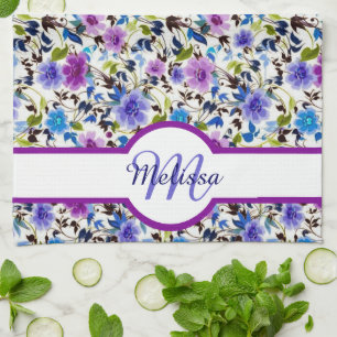 Lila und blaue florale personalisierte geschirrtuch