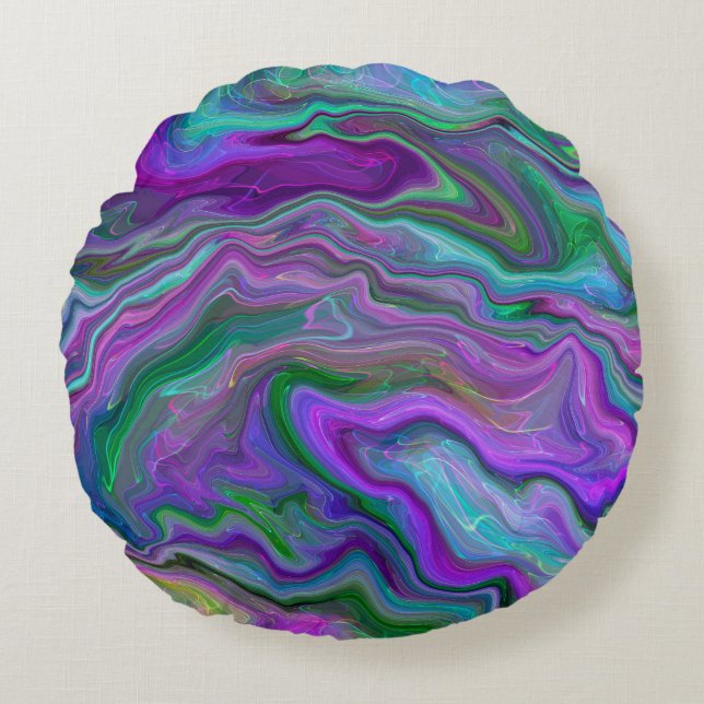 Lila und blaue Fluid Art Rundes Kissen (Vorderseite)
