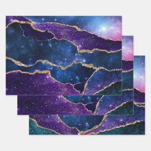 Lila- und blaue Galaxie-Achat mit falschem Goldgli Geschenkpapier Set