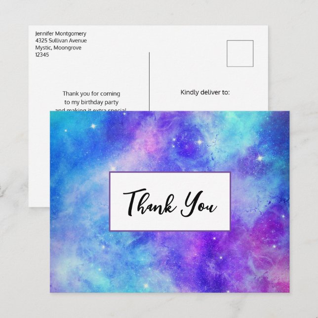 Lila und blaue Galaxie Space Abstrakt Danke Postkarte (Vorne/Hinten)