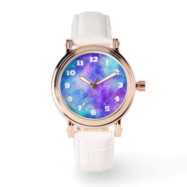 Lila und blaue Galaxie Weltraum Abstrakt Armbanduhr (Vorderseite)