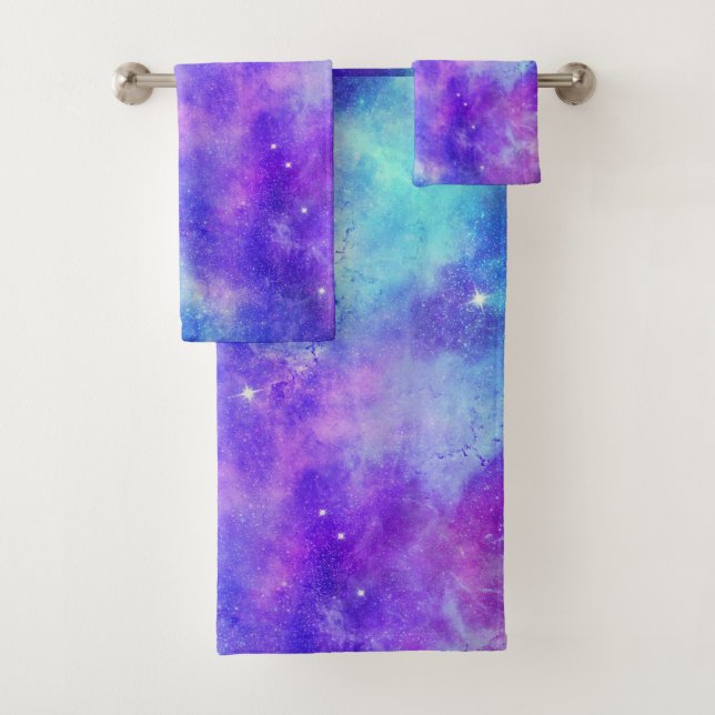 Lila und blaue Galaxie Weltraum Abstrakt Badhandtuch Set (Insitu)