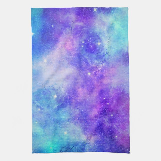 Lila und blaue Galaxie Weltraum Abstrakt Geschirrtuch (Vertikal)