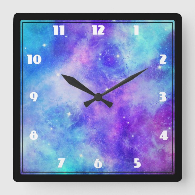 Lila und blaue Galaxie Weltraum Abstrakt Quadratische Wanduhr (Vorderseite)