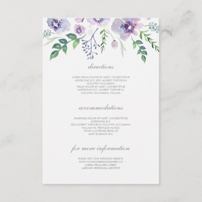 Lila und blaue Hochzeitdetails - Informationen Begleitkarte (Vorderseite)