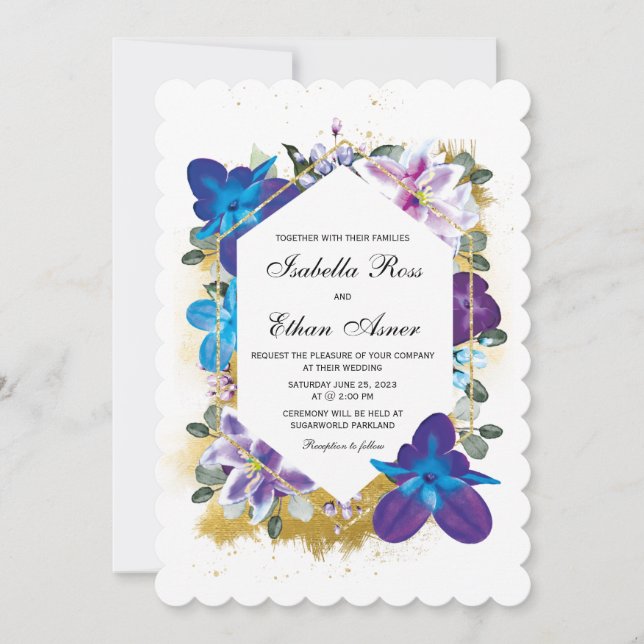 Lila und blaue Hochzeitsvorlage Einladung (Vorderseite)