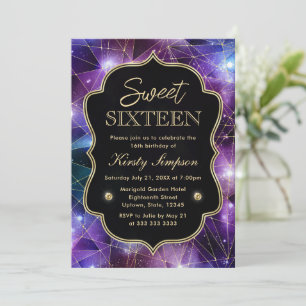 Lila und blaue Kristallgalaxie Sweet 16 Einladung