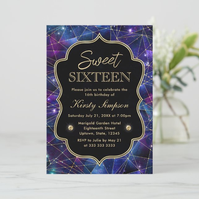 Lila und blaue Kristallgalaxie Sweet 16 Einladung (Stehend Vorderseite)