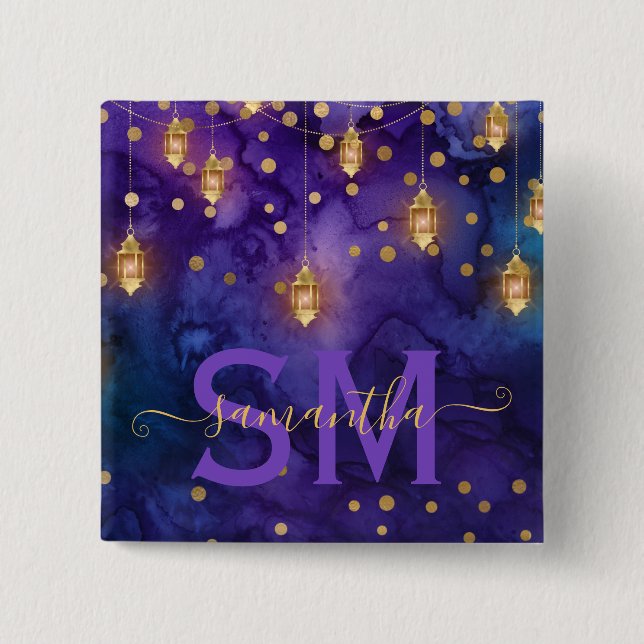 Lila und blaue Laternen-Glow-Monogramm Button (Vorderseite)