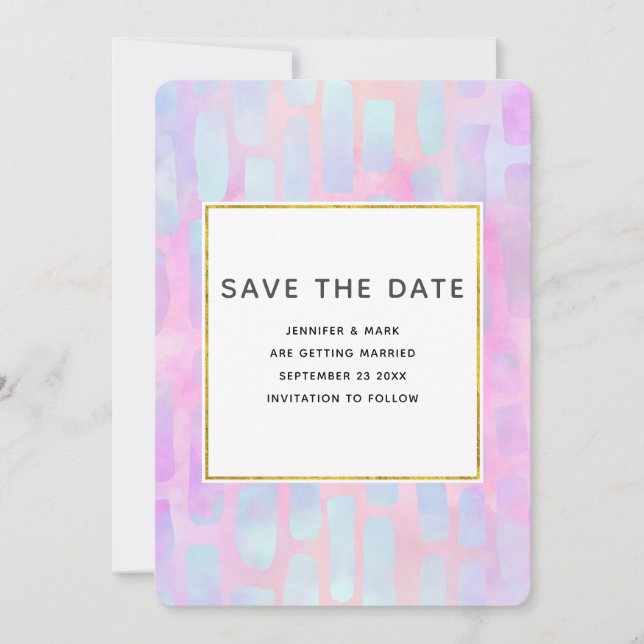 Lila und blaue Rechteck-Formen auf rosa Hochzeit Save The Date (Vorderseite)