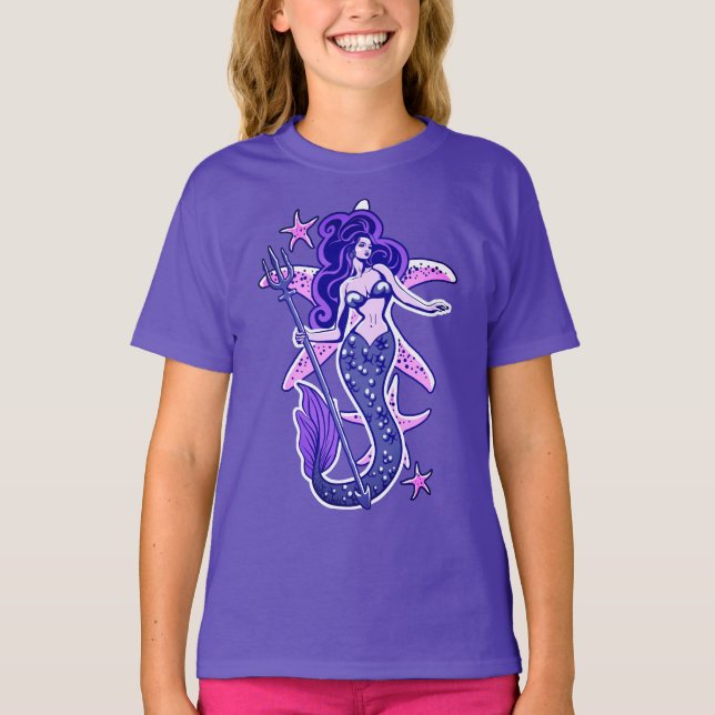 Lila und blaue Retro-Button-Up-Meerjungfrau T-Shirt (Vorderseite)