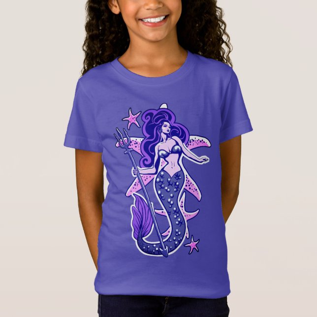 Lila und blaue Retro-Button-Up-Meerjungfrau T-Shirt (Vorderseite)
