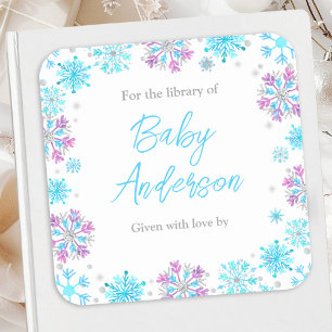 Lila und blaue Schneeflocken-Baby-Shower-Exlibris Quadratischer Aufkleber