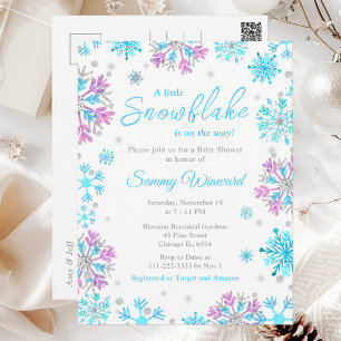 Lila und blaue Schneeflocken Winter-Baby-Party Postkarte