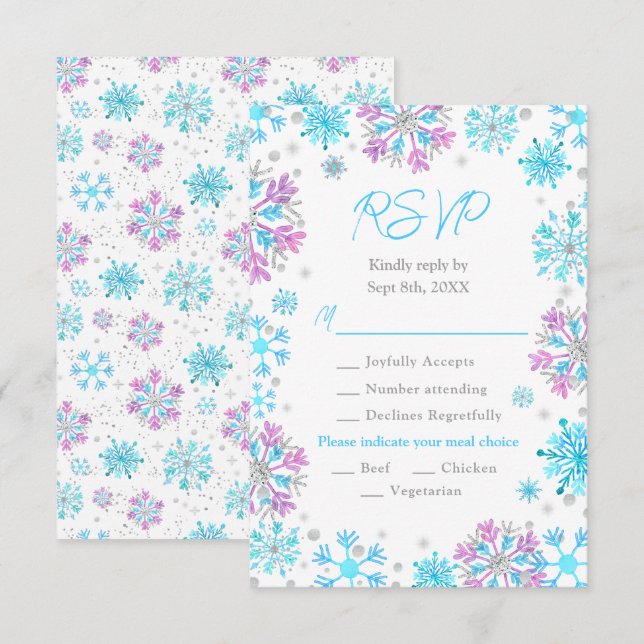 Lila und blaue Schneeflocken Wintermesse RSVP Karte (Vorne/Hinten)