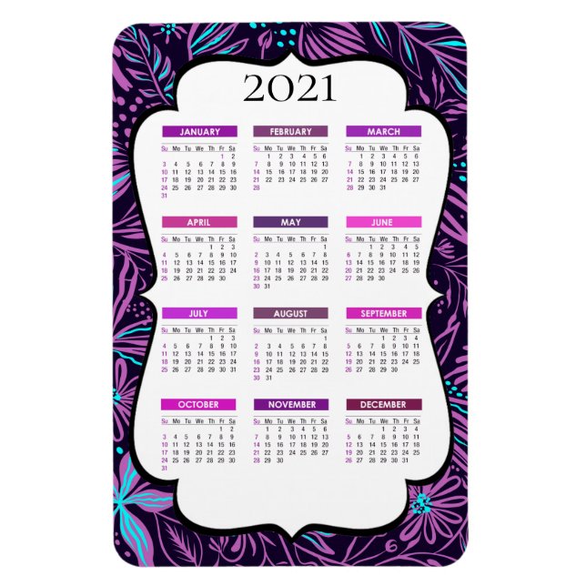 Lila und blaue tropische Blätter | Kalender 2021 Magnet (Vertikal)