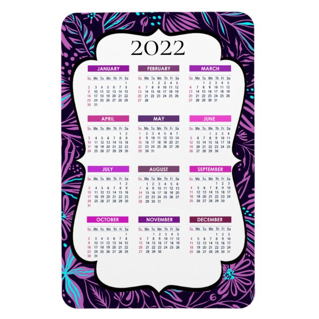 Lila und blaue tropische Blätter | Kalender 2022 Magnet (Vertikal)