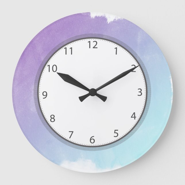 Lila und blaue Wasserfarbe Graue Zahlen waschen Große Wanduhr (Vorderseite)