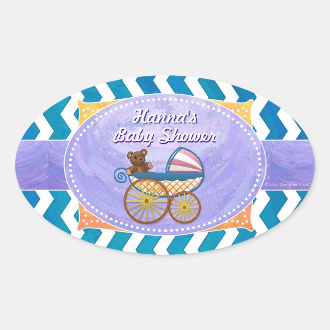 Lila und blaue Zickzack Babydusche Ovaler Aufkleber (Vorderseite)