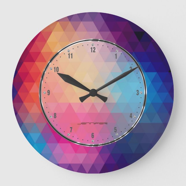 Lila und blaues modernes geometrisches Muster Große Wanduhr (Vorderseite)