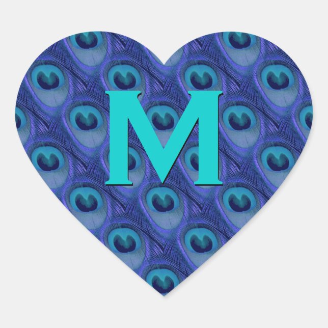 Lila und blaues Pfauenmonogramm Herz-Aufkleber (Vorderseite)