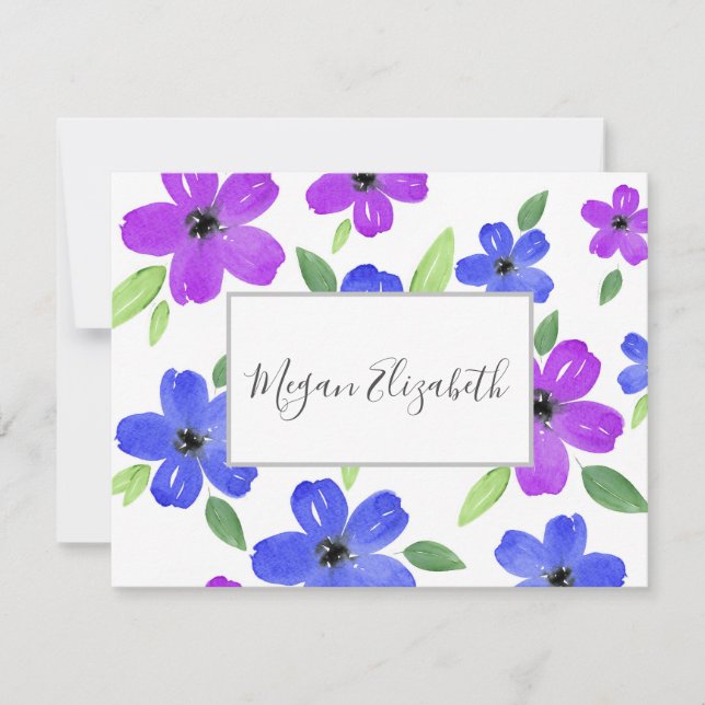 Lila und blaues Wasserfarbenflormotiv Mitteilungskarte (Vorderseite)