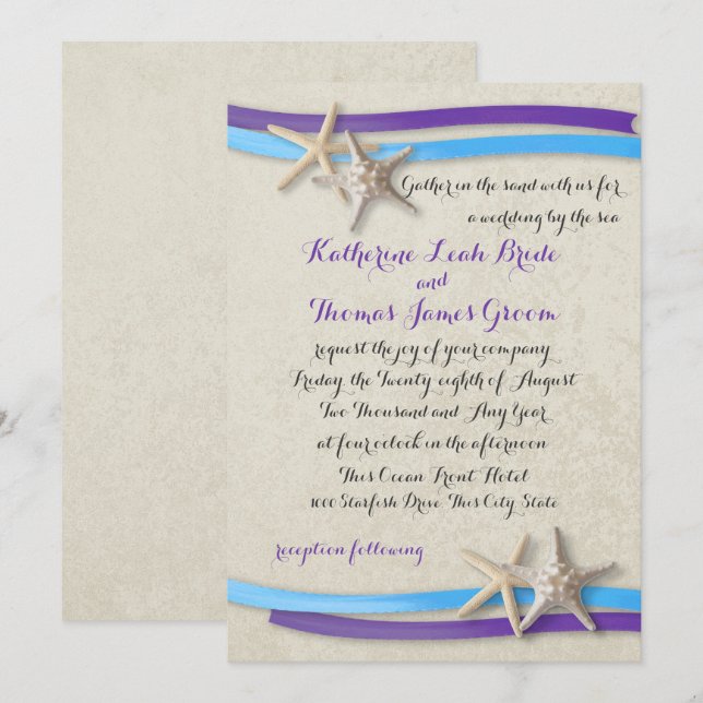 Lila und Blue Beach Wedfish und Ribbon Einladung (Vorne/Hinten)