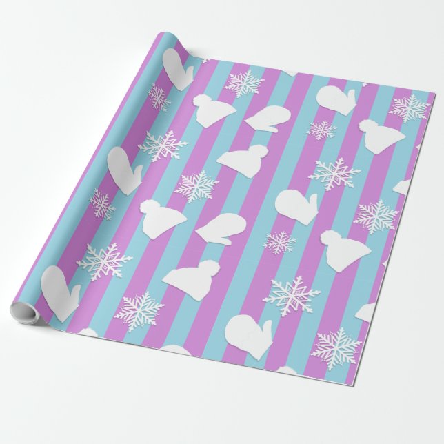 Lila und Blue Holiday Mitten und Weihnachtslieder Geschenkpapier (Ungerollt)
