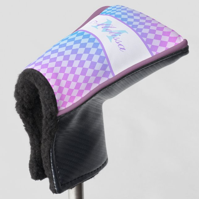 Lila und Blue Ombre Diamonds Mit Monogramm Golf Headcover (3/4 Vorderseite)