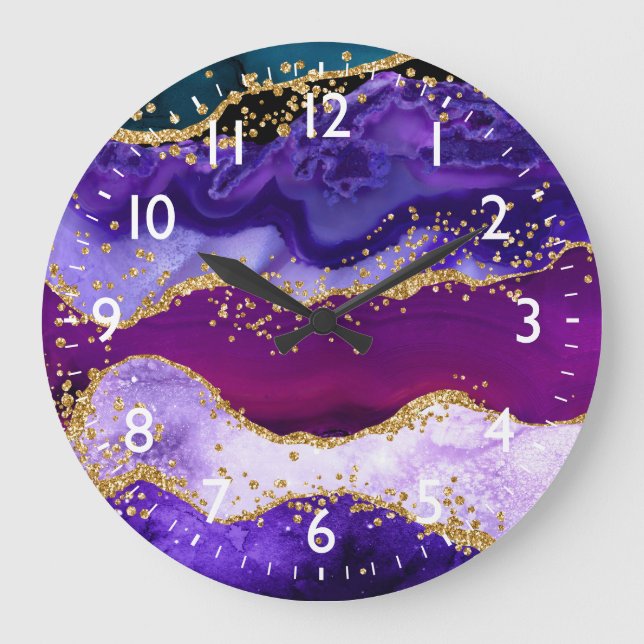 Lila und Blue Peacock Imitats Glitzer Agate Große Wanduhr (Vorderseite)