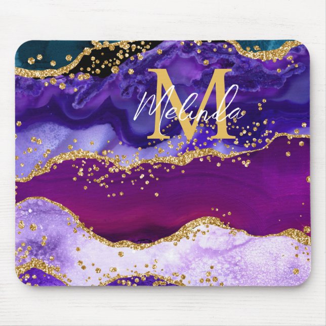 Lila und Blue Peacock Imitats Glitzer Agate Mousepad (Vorne)