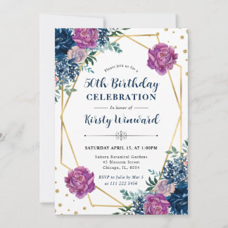 Lila und Blue Summer Blume 50. Geburtstag Einladung