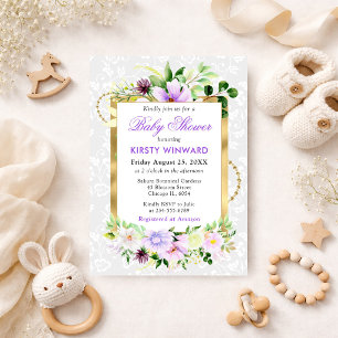 Lila und Creme Sommerblumen Gold Babyparty Einladung